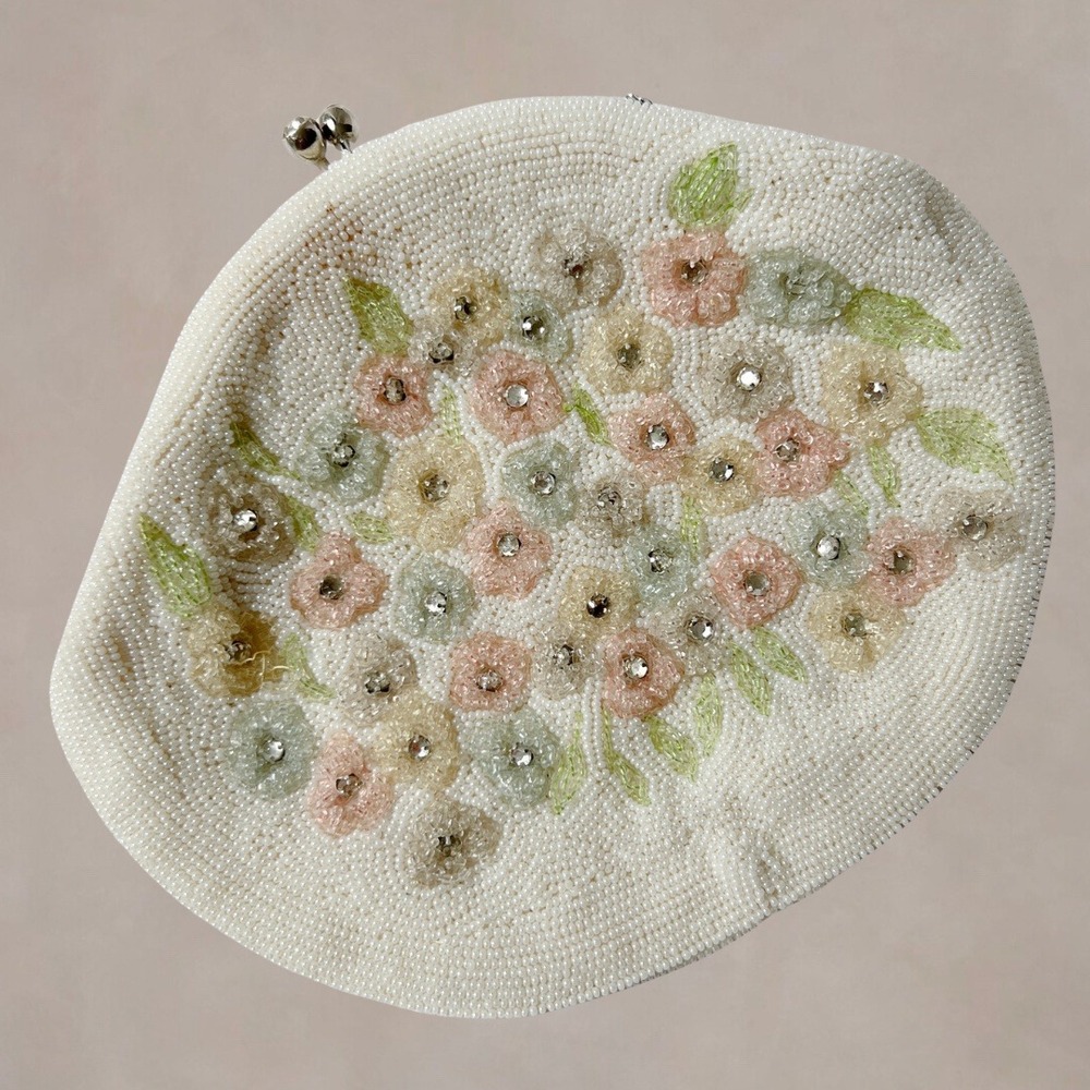 Vintage 60s La Regale Japan Ivory Beaded Floral Rhinestone Evening Clutch Purse